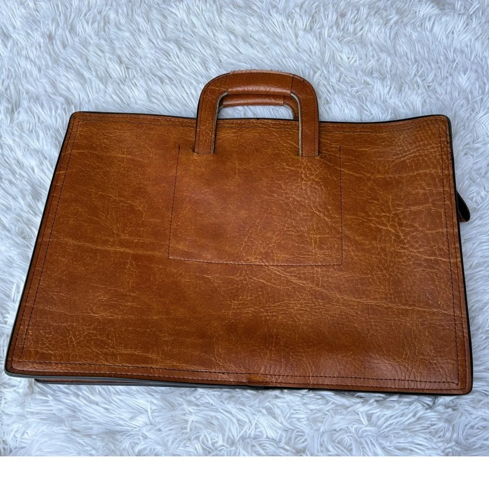 Vintage Tan Textured Faux Leather Slim Briefcase Document Bag Made in Korea